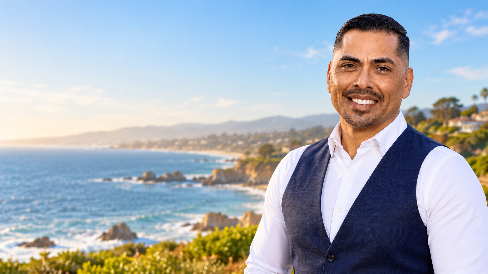 Eddie Guajardo in a white shirt and navy vest, smiling, with the Monterey coast behind him