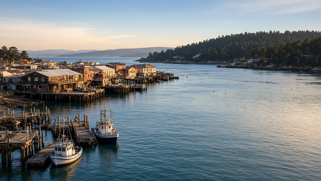 Commercial buildings and waterfront property along Monterey Harbor